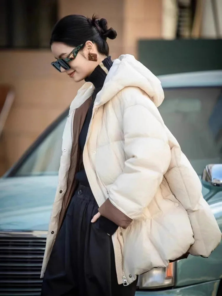 Schinteon Women Down Jacket Casual Loose Over Size Warm Autumn Winter Outwear White Duck Down with Hood Fashion Coat 2024 New