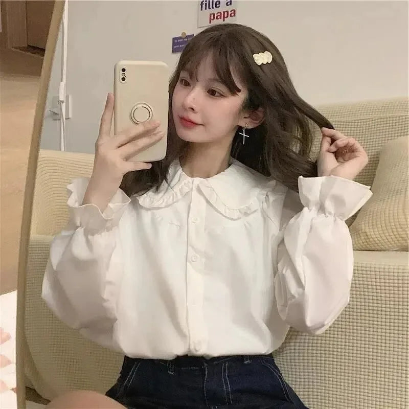 Vintage Women White Shirt Preppy Style Fashion Elegantní ženská halenka s dlouhým rukávem Y2K Sweet Kawaii Všechny zápasové košile