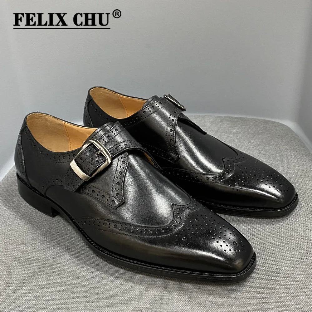 Men's Luxury Genuine Leather Wingtip Oxfords Italian Monk Strap Buckle Brogue Dress Shoes for Business Wedding Formal Wear