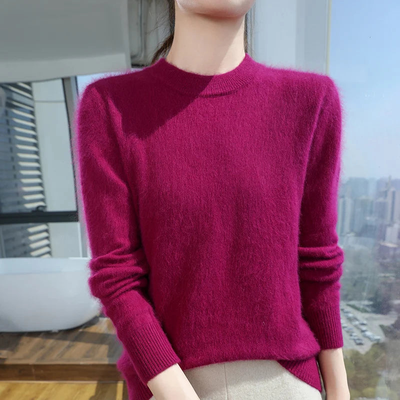 Novo suéter de pêlo de vison suéter feminino pulôver feminino de cor de cashmere de malha de malha etono e pulôver de pescoço redondo de inverno tops de ponta sofisticada