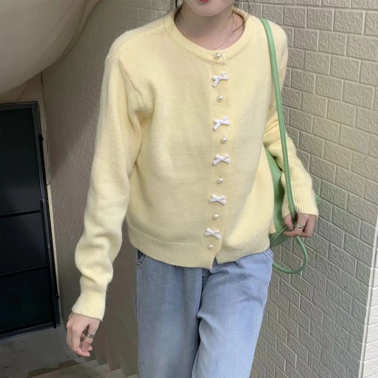 Cute Sweet Bow Pearl Buttons Loose Sweater Women Korean Preppy Style Autumn Spring Long Sleeve O Neck Knitted Cardigans Coats