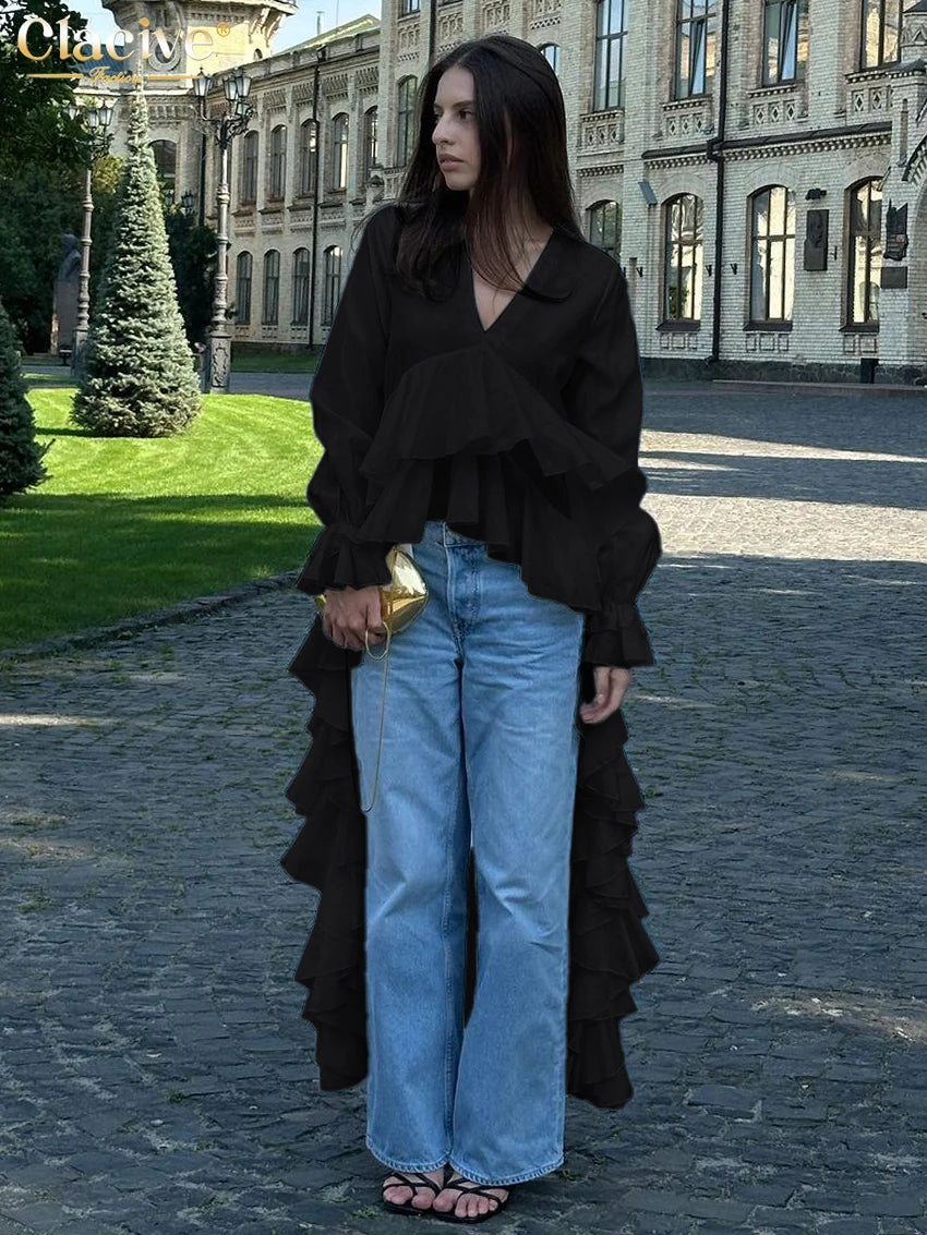 Clacive seksi labava bijela ženska košulja 2025 modni V-izrez košulje dugih rukava Elegantne ruffle nepravilne gornje ženke odjeće