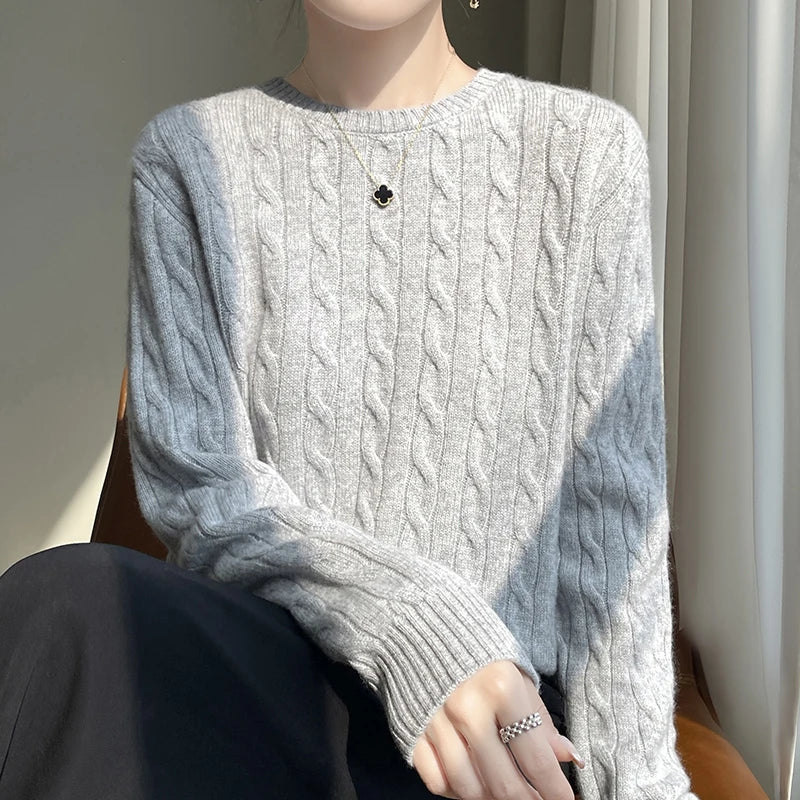 Autumn and Winter round Neck Loose Thick Women's Twist Knitted Sweater Long Sleeve Pullover Bottoming Shirt Lazy Top