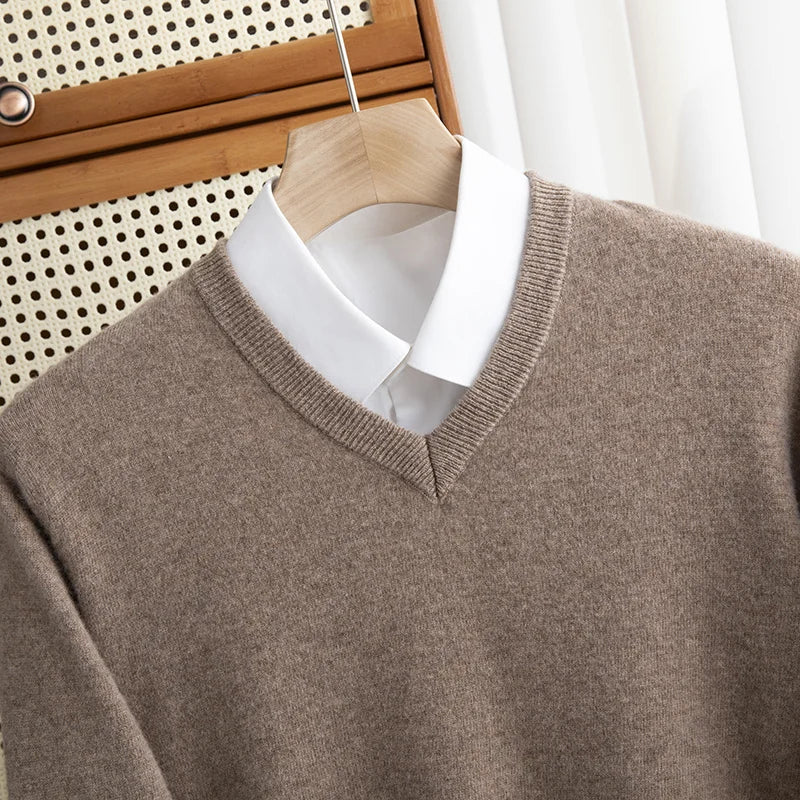 Men 100% Merino Wool Sweater V-Neck Pullover Autumn Winter Cashmere Warm Solid Knitwear Clothes Business Bottoming Soft Tops