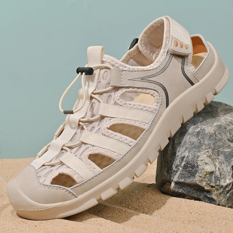 Sandaalit miesten vuorovesi kesä uusi tyylinen nahkainen varpaan korkki ulkona vapaa -ajan urheilu onttoja sandaalit rantakengät käsintehtyjä verkkoa miehet kengät