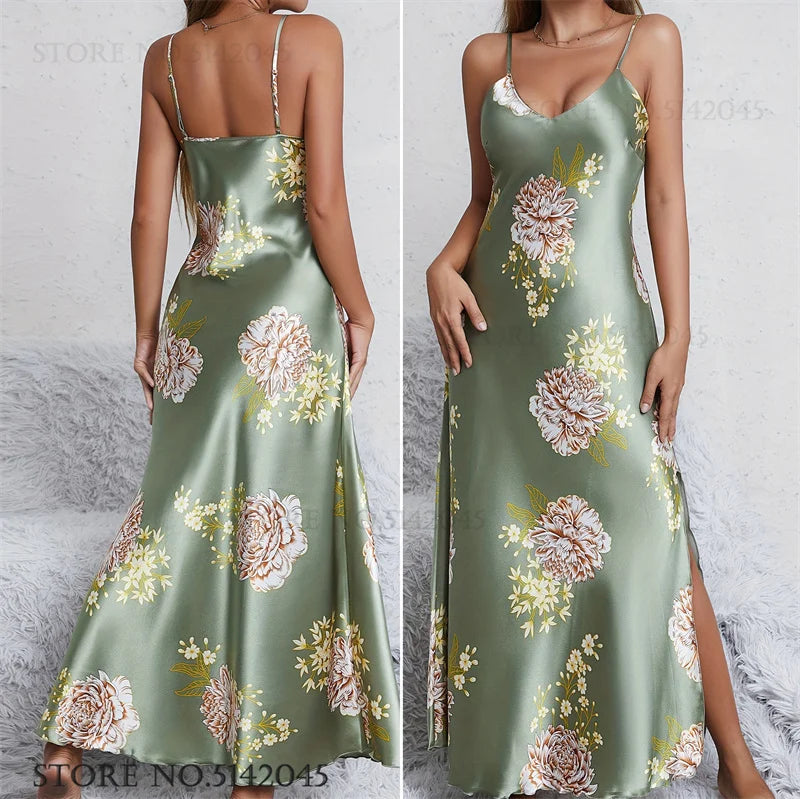 Women Long Nightgown Chemise Sleepwear Print Flower Suspender Nightdress Intimate Lingerie Summer Silk Satin Homewear Loungewear