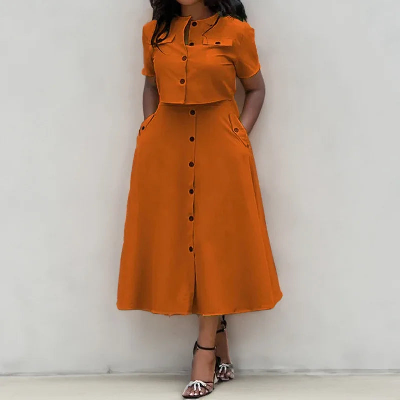 Office Elegant Crop Shirt Skirt Two Piece Sets Women Fashion Short Sleeve Button Shirts Outfits Spring Summer Dress Casual Suit