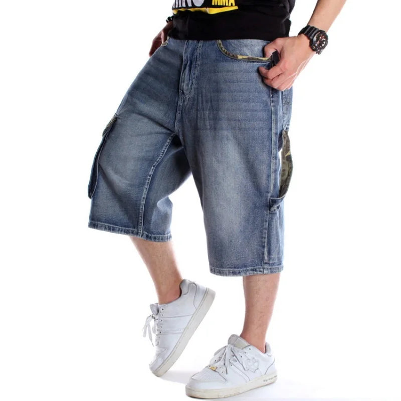 2025 Multiple pockets Mens Plus Size Loose Baggy Denim Shorts Fashion Streetwear Hip Hop Skateboard Cargo Jeans Short for Male