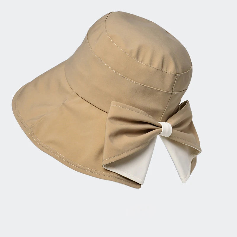 Women Summer Sun Protection Bucket Hat with Bow-tie Lady Elegant Sunscreen Beach Cap Outdoor Wide Brim Headgear Wholesale New in
