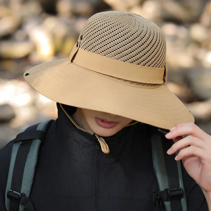 10cm Wide Brim Sun Hat for Men UPF 50+ Boonie Hat Summer UV Protection Outdoor Fishing Hiking Hat Breathable Mesh Bucket Cap