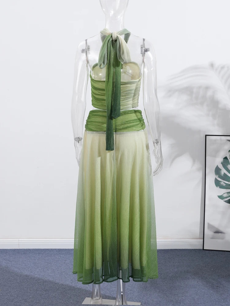 Sexy Party Skirts Women's Set Sleeveless Backless Lace Up Pleated Top A-line Gradient Long Skirt Sets 2025 Summer Chic Lady Suit