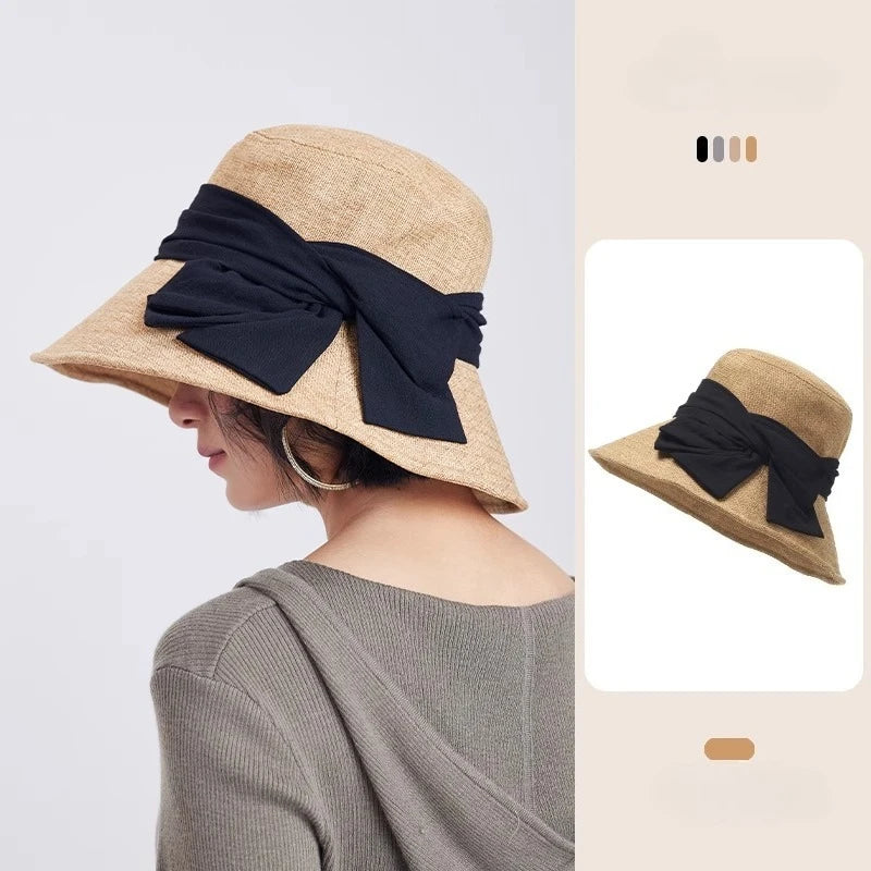 USPOP Elegant Wide Brim Cotton Linen Bucket Hat for Women Summer Sun Hat with Bow Foldable UV Protection Beach Hat