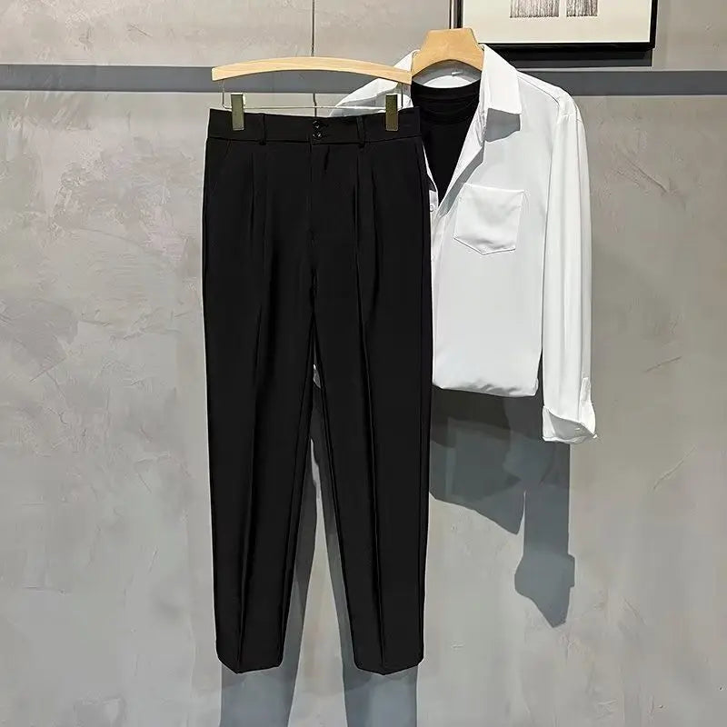 Straight Slim Fit Man 9 Cropped Suits Pants Vintage Elegant Suit Trousers for Men Summer 2025 Work Wear Fashion Luxury Clothing