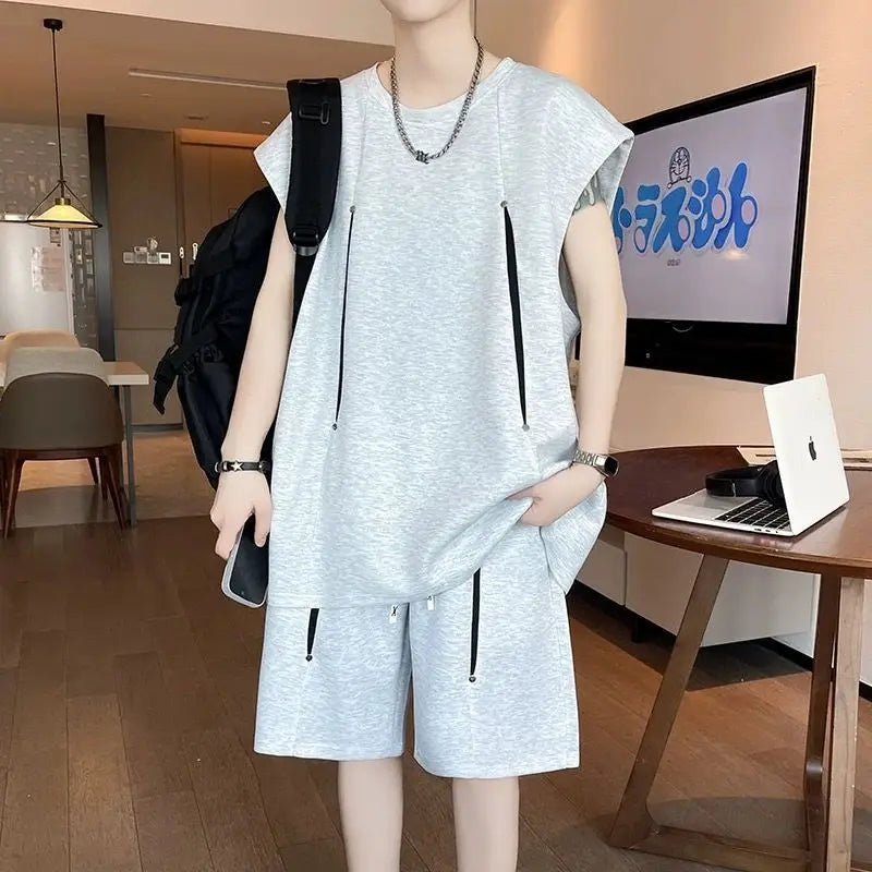 Ensemble de t-shirts sans manches pour hommes minces, ensemble de deux pièces décontractées sportiles lâches tendance