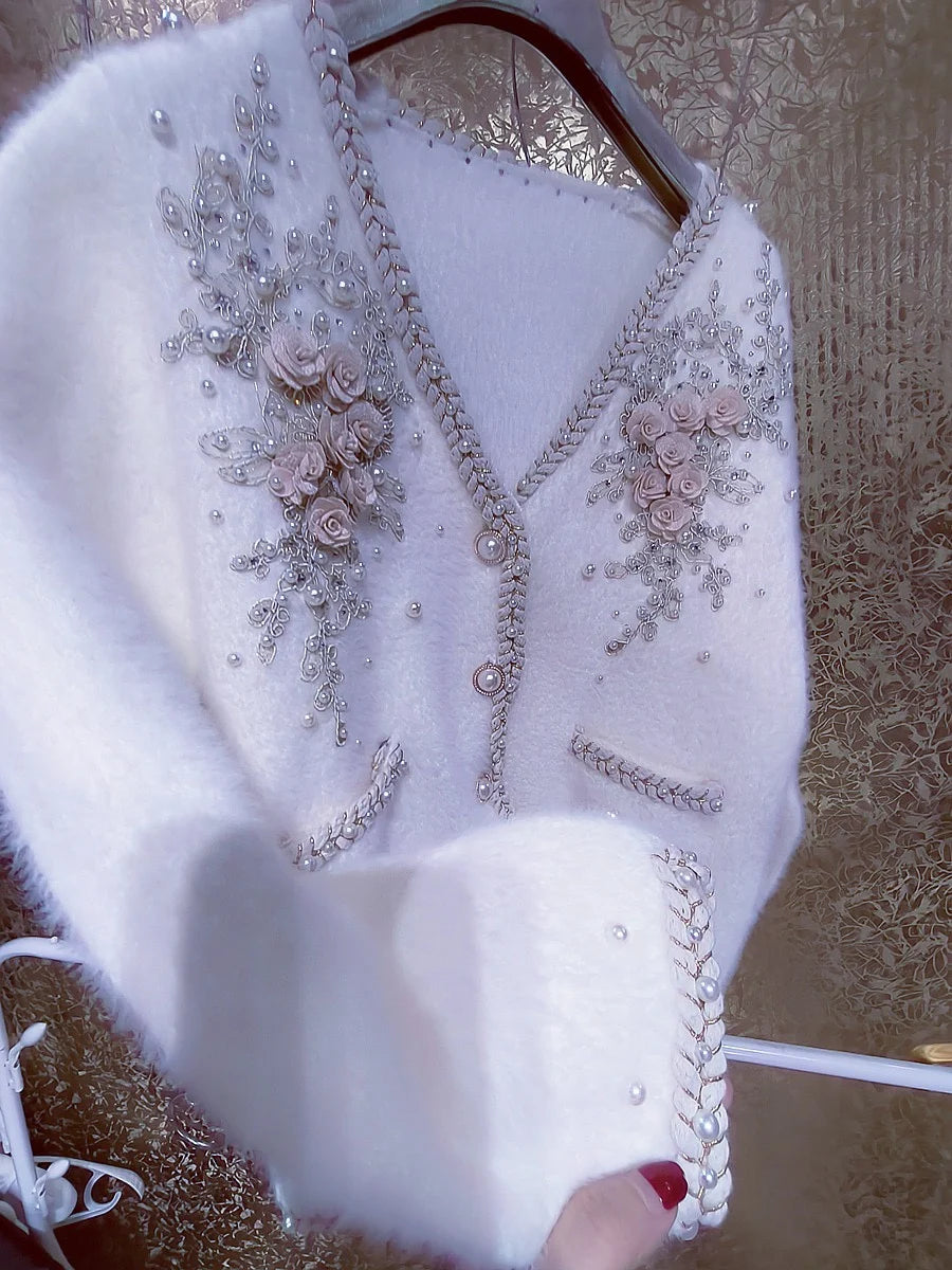 Luxury Flower Beaded Diamonds Faux Fur Knitwear Cardigan For Women V-neck Loose Small Fragrant Sweater Outwear Jacket
