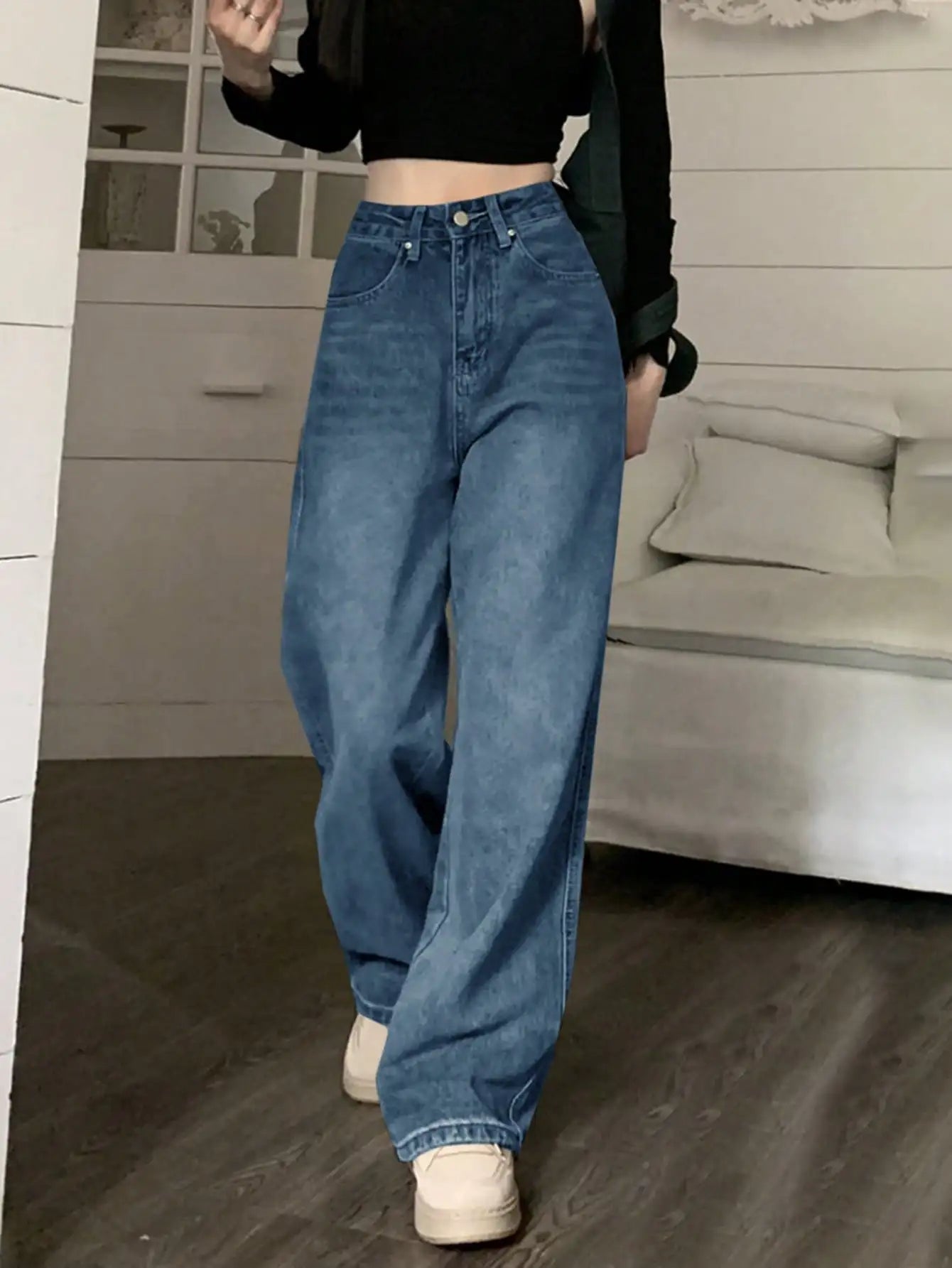 「MD」 2024 Nieuwe retro jeans vrouwen onregelmatige hoge taille afslanke brede been dweil lange broek mode