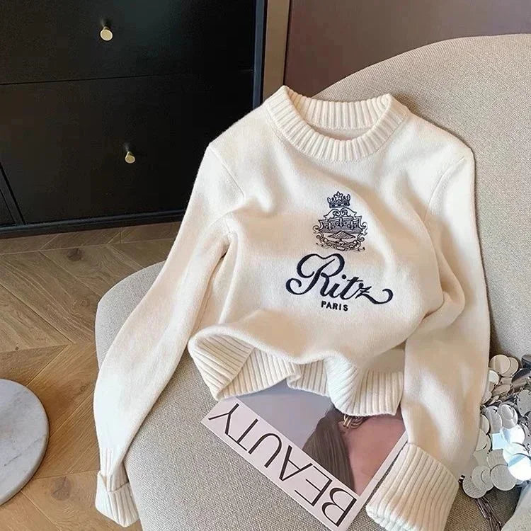 Letters Embroidery Pullover Sweater 2025 Spring Autumn Women Round Neck Long Sleeve Knitwear Jumper Female Casual Design Tops
