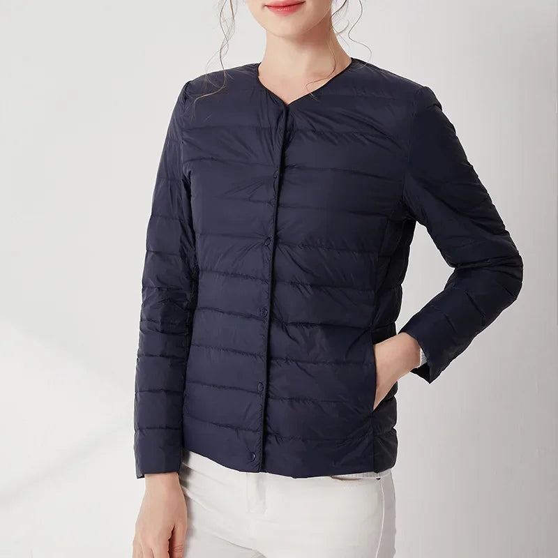 2024 Fall Spring Autume Collarless Light Quilted Puffer Coat New Women Liner Duck Down Jacket O-neck Variable V-neck Female