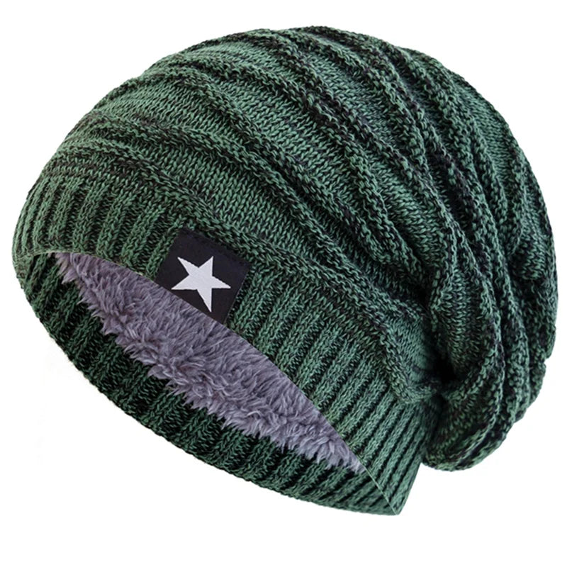 New Unisex Slouchy Winter Hats Add Fur Lined Men And Women Warm Beanie Cap Casual Five-pointed Star Decor Winter Knitted Hats