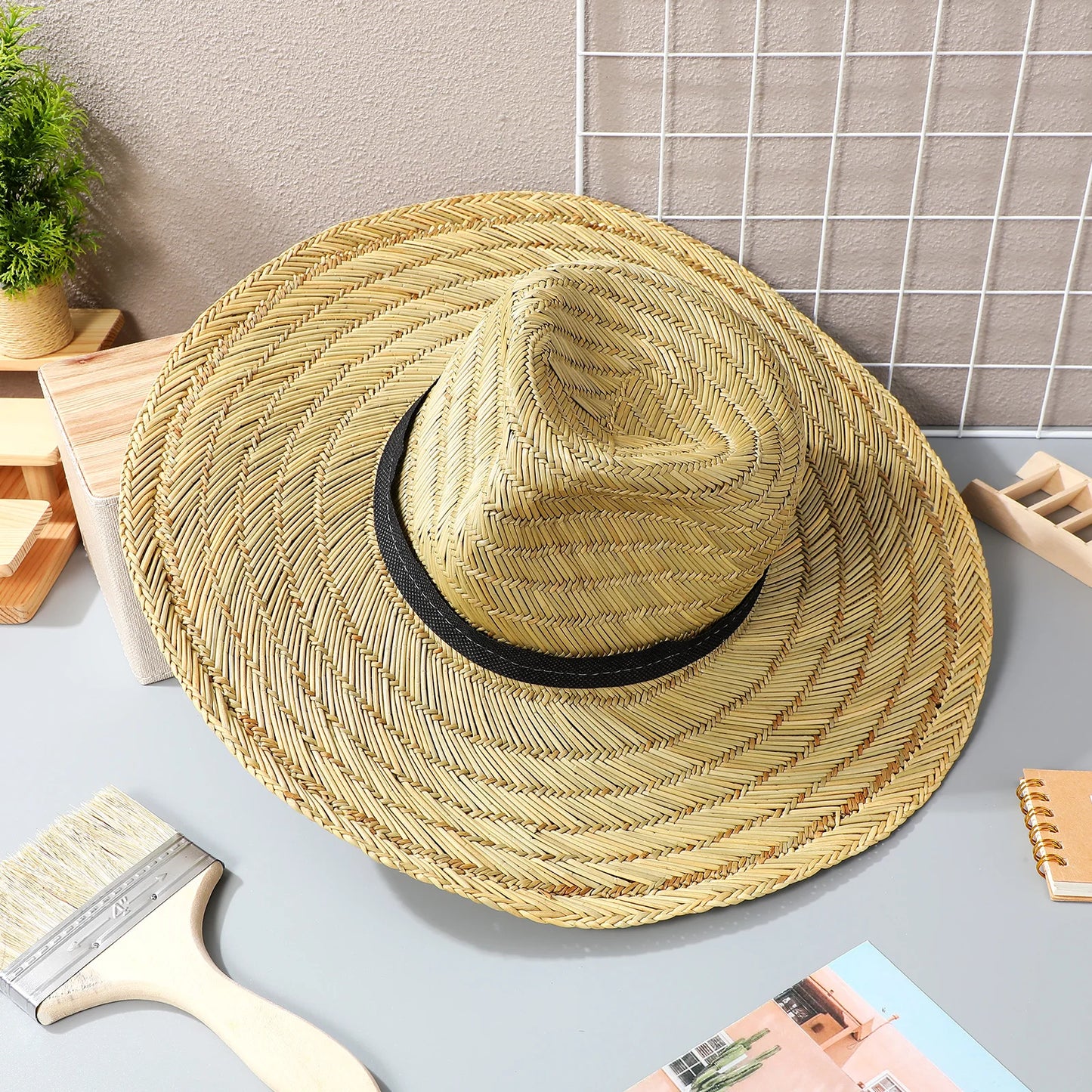 Wide Brim Straw Hat Large Sunshade Cap for Men L 58-60cm Beach Hiking Camping Outdoor Activities Sun Protection Summer Fashion