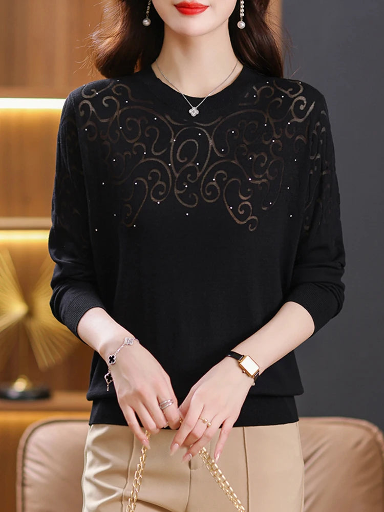 YISU Women Loose Sweater 2023 Autumn Winter O-Neck Long Sleeve Jumper Fashion Hollow Pattern Knitted Pullover Sweater Women