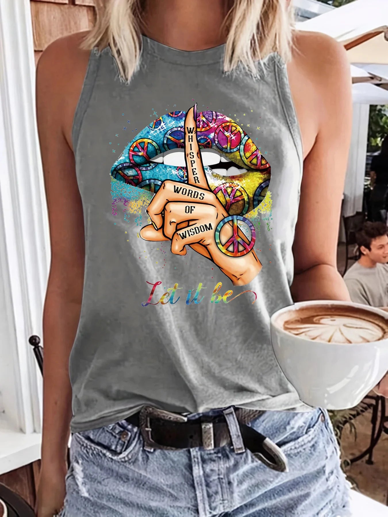 Summer Women's Colorful Lipprint Fingerprint Loose Size Round Neck Sleeveless Tank Top T-shirt