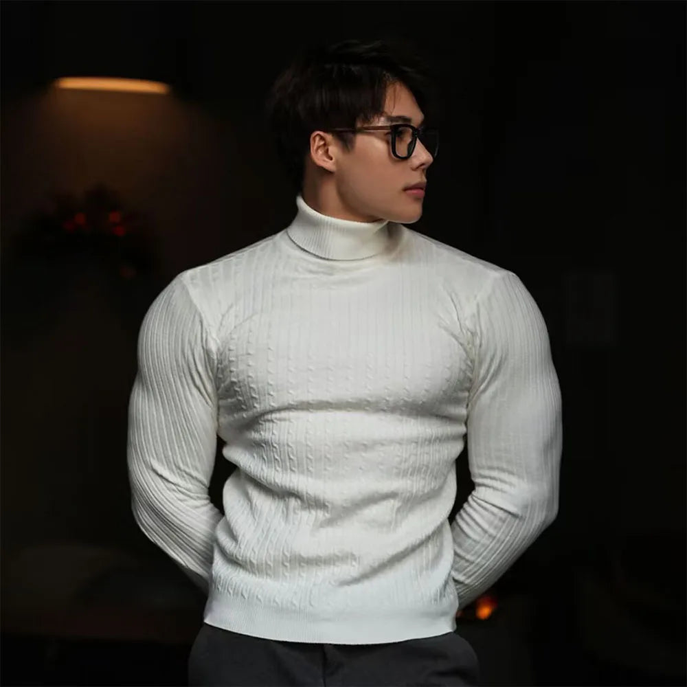 Nye menns turtleneck -gensere Høststrikket Stripete streetwear Varmt langermet Pullover Solidfarge Basic Style Casual Tops