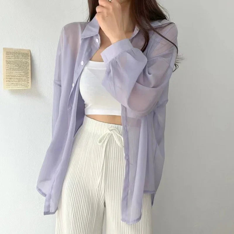 Women Shirt Long Sleeve Top Blouse Female Chiffon Loose Summer Cardigan Thin Sexy Solid Color Casual Shirt Outerwear Прозрачная
