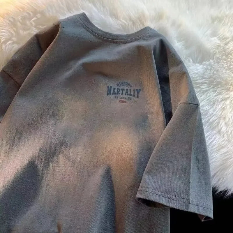 8xl mænd overdimensioneret mode løs amerikansk vintage brev naet print kortærmet rund hals alsidig tendens par outfit