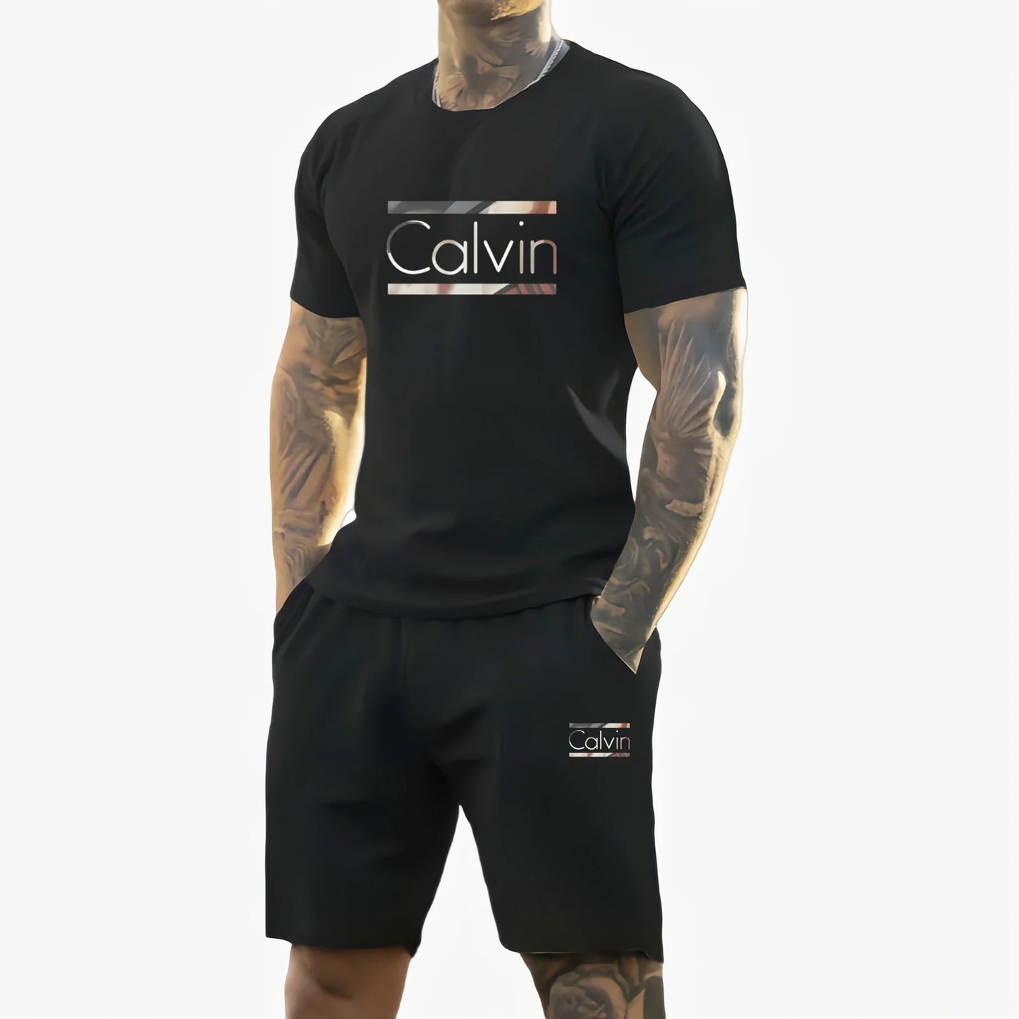 Men 2025 summer new casual sports suit Fashion breathable outdoor men's short-sleeved T-shirt + training shorts two-piece set