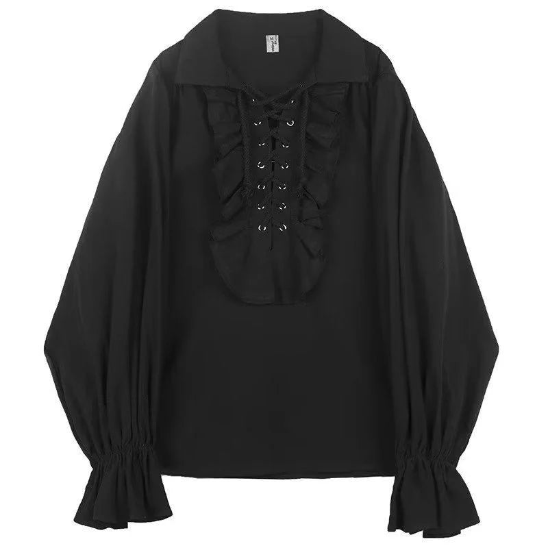 Victorian Style Women's Gothic Blouse Vintage Renaissance Pirate Prince Poet Shirt with Frills Lace-Up Medieval Buccaneer Top
