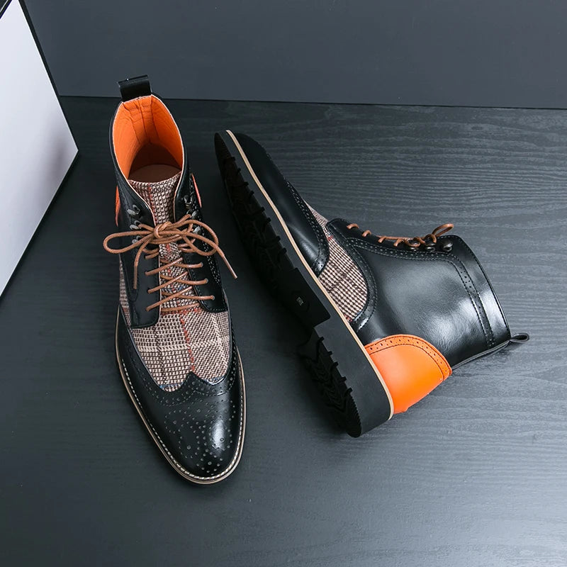 Spring and Autumn Men Mid Top Martin Boots with British Style Carving and Splicing Business Leisure Retro Fashion Short Boots