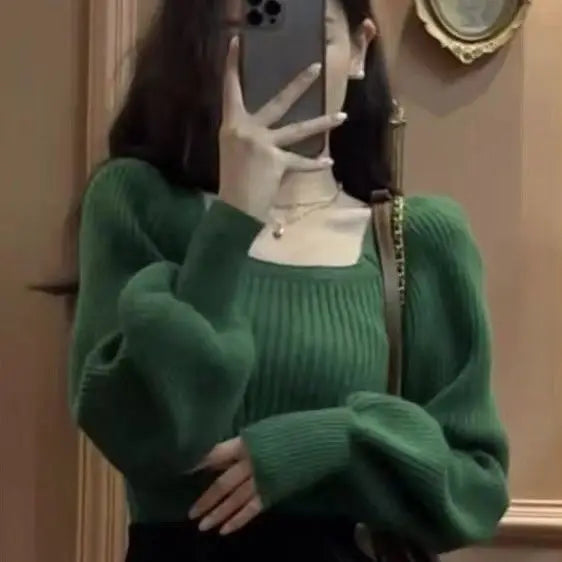 Autumn Square Collar Warm Sweaters Fashion Korean Solid Loose Knit Jumper Elegant Long Sleeve All Match Pullover Sweater M53