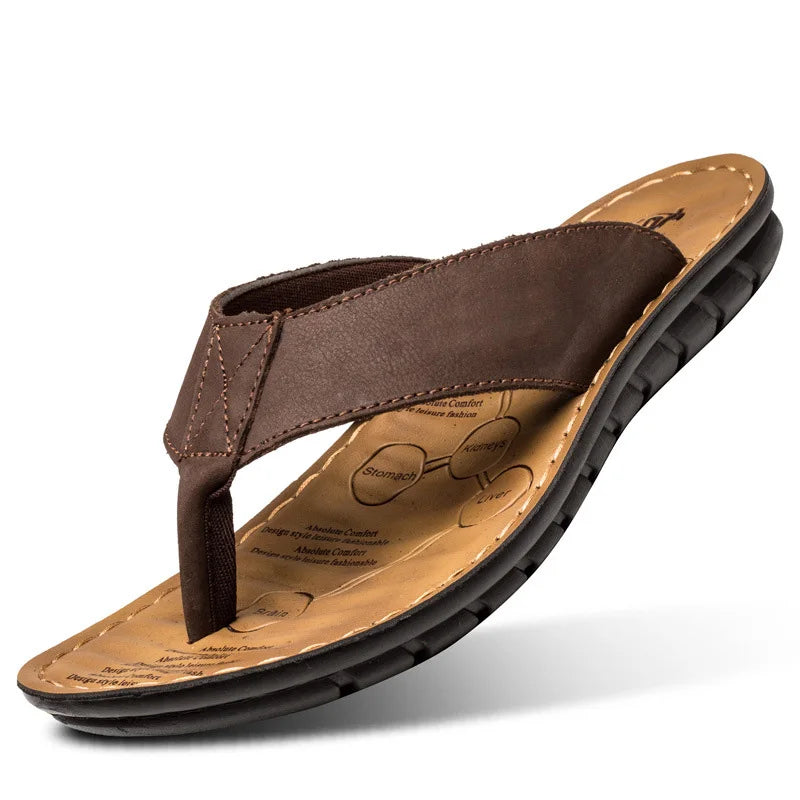 Summer Shoes Men Slippers Genuine Leather Mens Flip Flops Flat Mens Sandals Holiday Non-slip Black Khaki A673