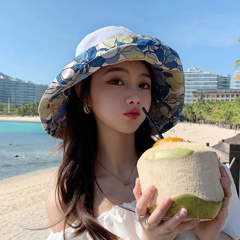 Women's Summer Double-Sided Print UV Protection Sun Hat Face Covering Fishing Cap Breathable Baseball Cap Fashionable Accessory