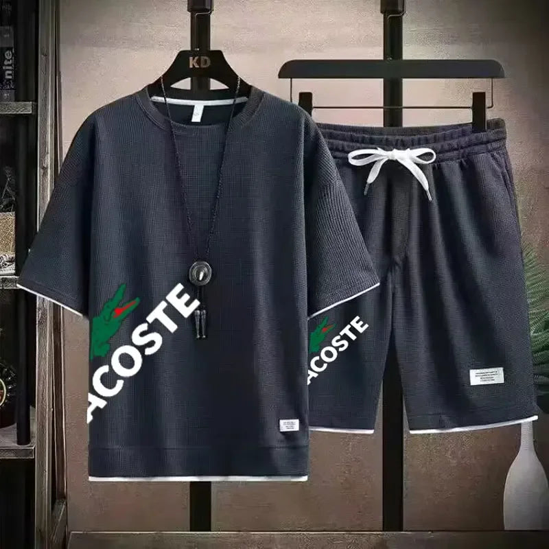 2025 set di 2 pezzi, stampe di waffle, pantaloncini da uomo, abbigliamento sportivo estivo, moda maschile, comfort e moda, set di abbigliamento sportivo