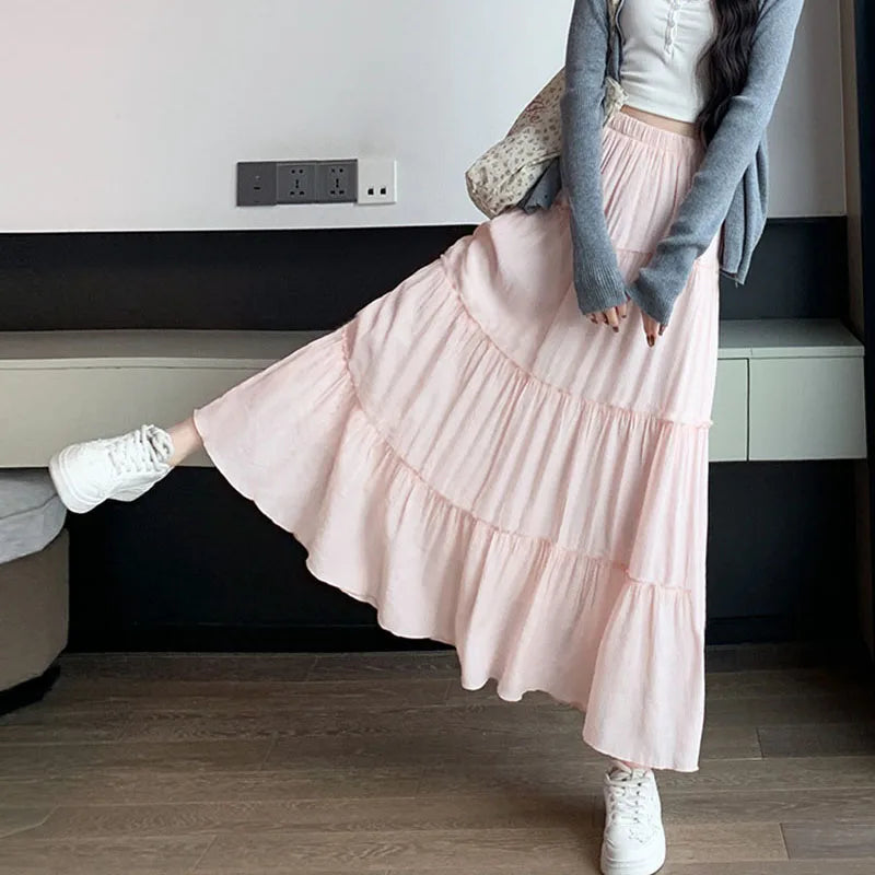 Spring Summer Women Long Skirts Fashion High Waist Elastic Patchwork A-Line Skirt Casual All-Match White Cake Maxi Skirts Female