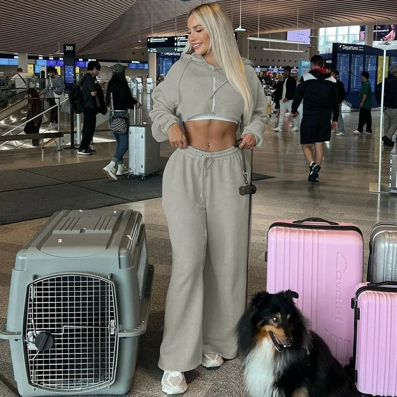 Y2K europæisk og amerikansk mode kort hætte kvinders sportsdragt slank langærmet toptrækningsbånd sportsbukser trendy