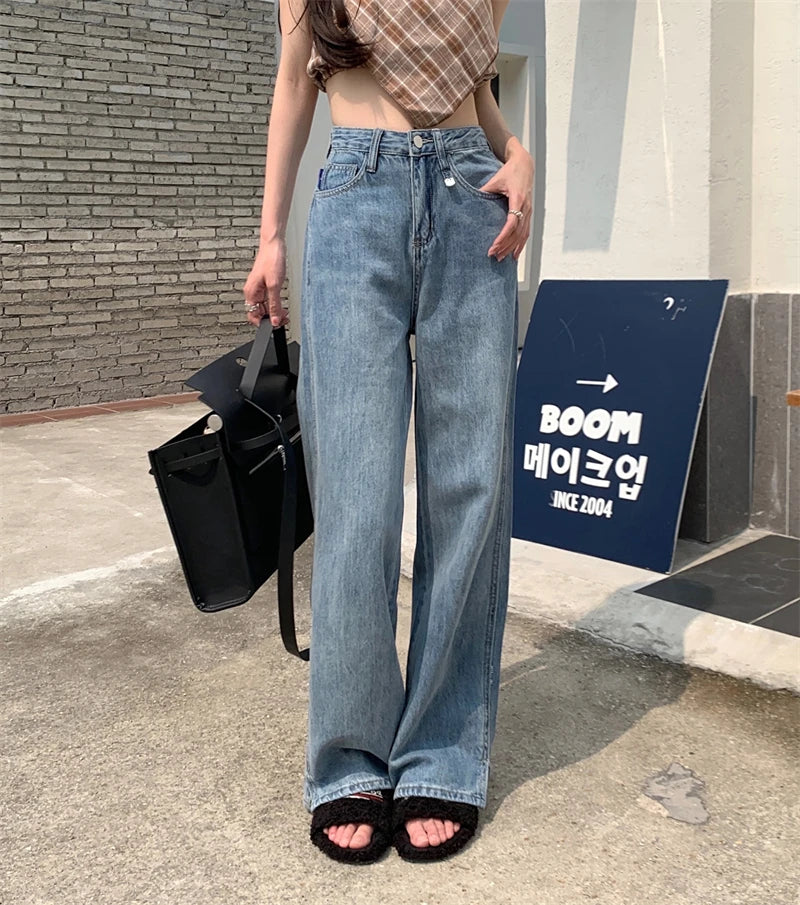 High Waist Wide Leg Straight Jeans Women's Summer 2023 New Loose Fit Design Sensation Small ence Split Floor-Length Pants