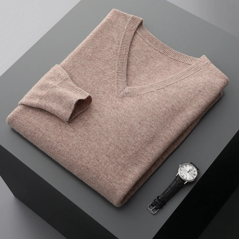 Autumn And Winter New Men's V-Neck Cashmere Loose Thickened Solid Color Wool Knitted Bottoming Shirt Business Casual Sweater