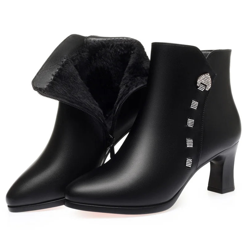 New Autumn Winter Soft Leather Rhinestones Cotton Shoes Woman Fashion Pointed Toe Elegant Comfortable High Heel Boots