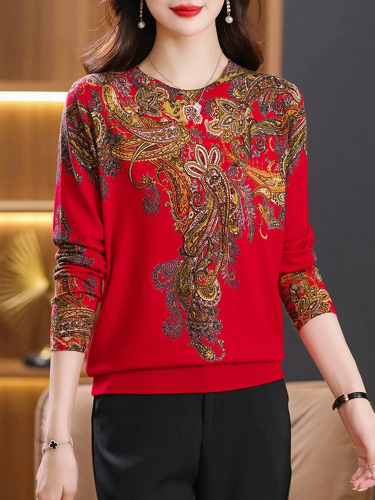 YISU 2023 Moda Pullover impressa Mulheres Mulheres outono Inverno macio solto solto de picada de manga comprida Jumpers suéter Mulheres