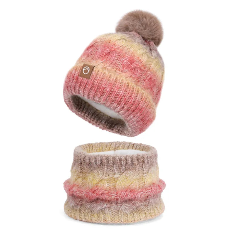 2pc/Set Winter Warm Ear Protecting Knitted Cap Scarf Fleece Thickened Gradient Color Knitted Woolen Cap Pom Ball Pullover Cap