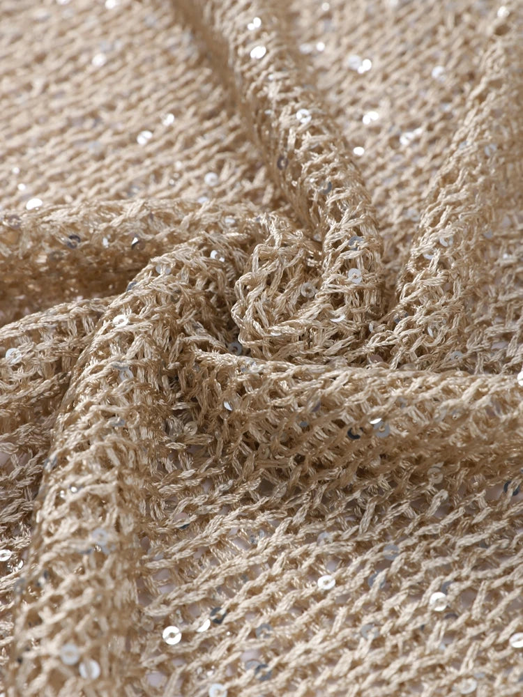 Sequins Hollow Out Pullovers Women Loose O-neck Long Sleeve Knit Sweaters Female 2025 Spring Shinny Chic Evening Shirts Lady