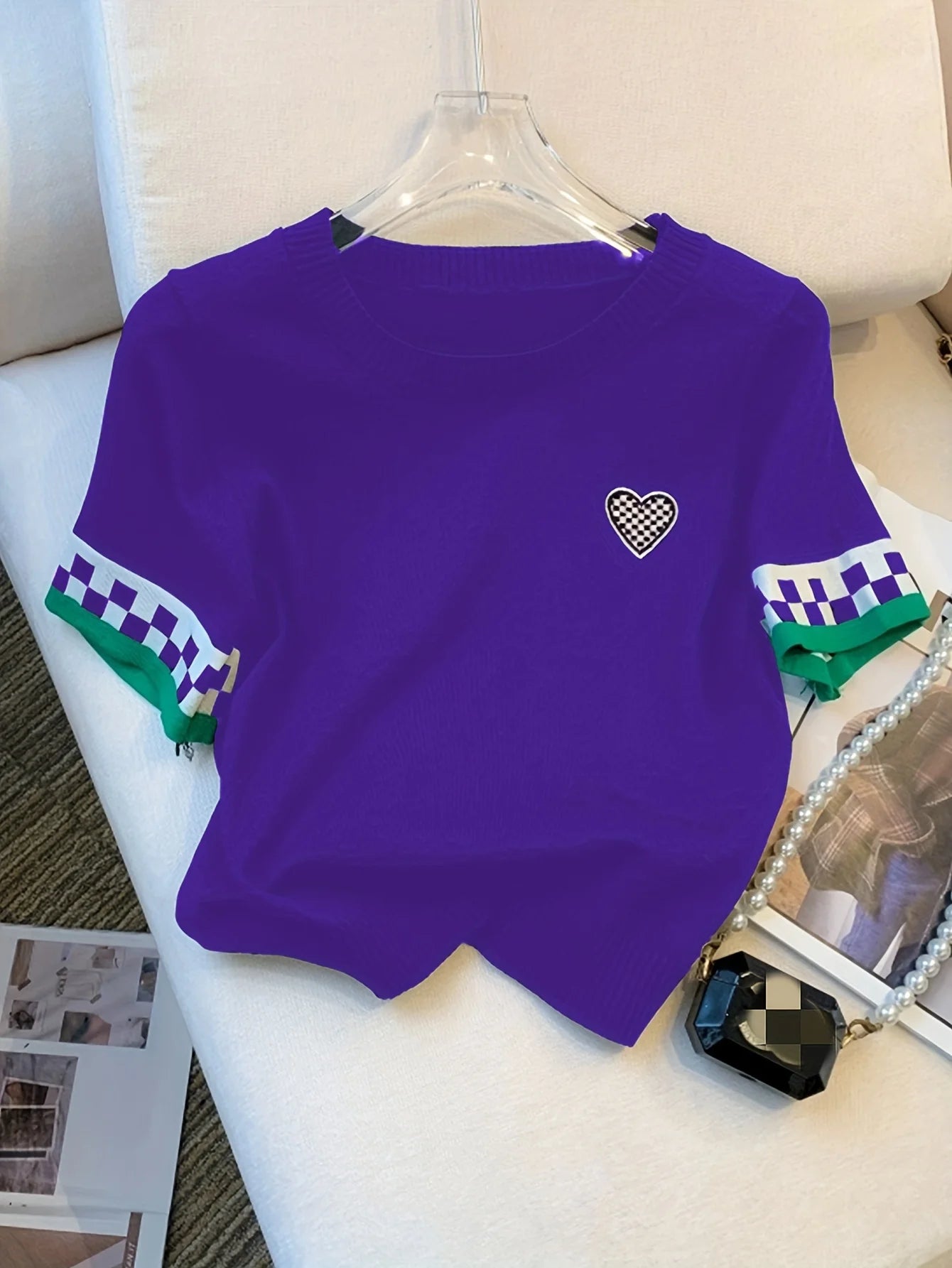 New Summer Heart Pattern Ribbed Pullover Sweater Casual Contrast Trim Crew Neck Short Sleeve Sweater Women's Clothing Crop Top