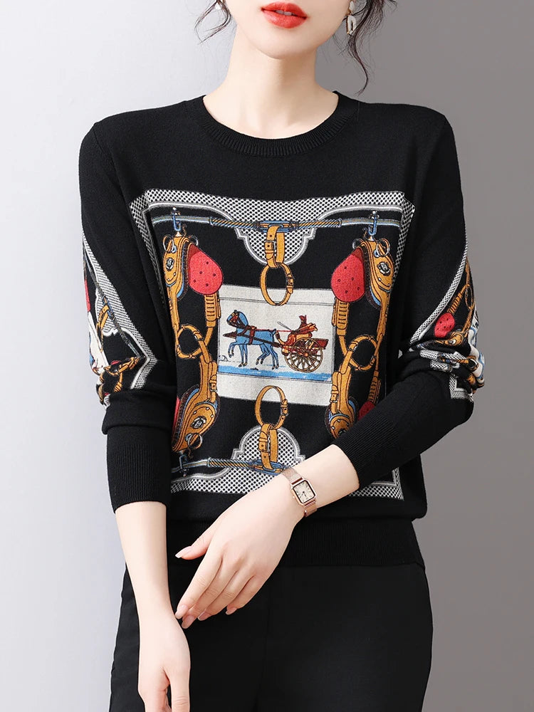 YISU Women Sweater O-Neck Long Sleeve Knitted Jumper 2023 Autumn Winter Pullovers Women Cartoon Carriage Pattern Printed Sweater
