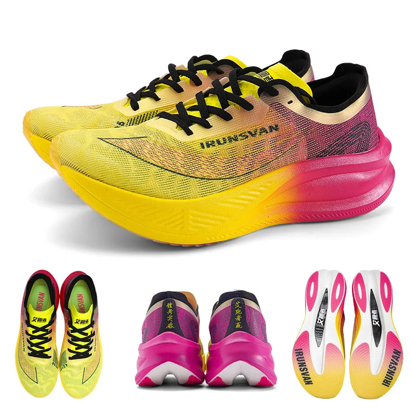 IRUNSVAN Men Nylon Carbon Fiber Professional Marathon Shoes Breathable Ultra Light Track Field Kilometer Race Running Sneakers