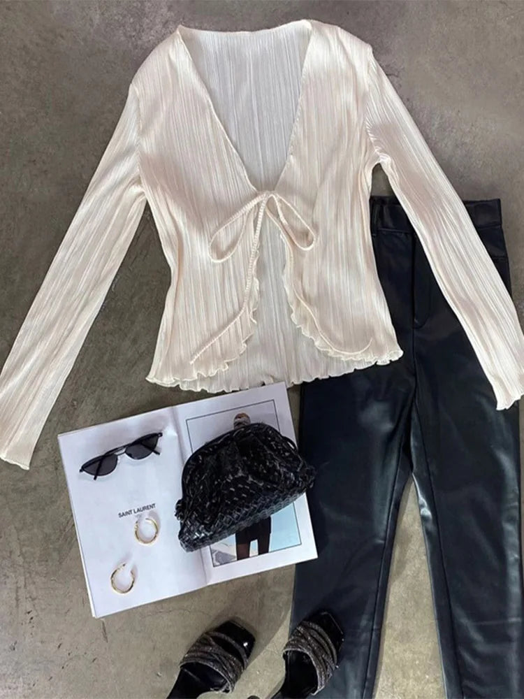 2025 Konur Pleated Plain Boirts Spring Fall Chic Long Flare Sleeve V- Neck Tie Up Cardigans Tops fyrir Casual Party Street