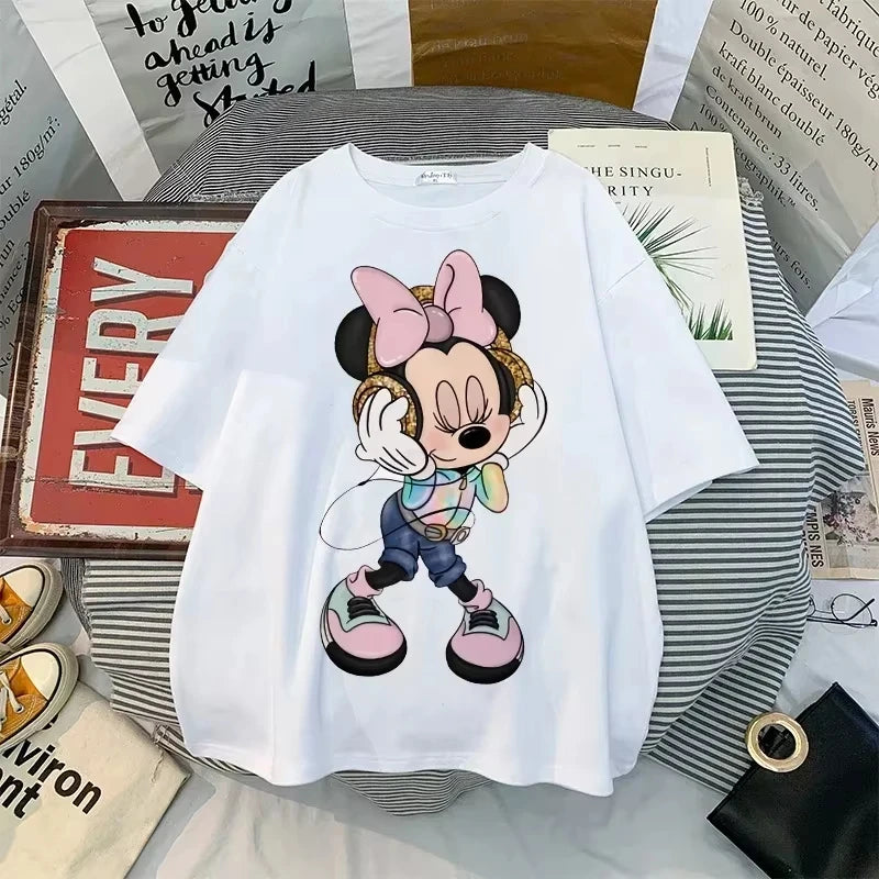 Disney New Minnie Kawaii Fun Women's Printed T-shirt Fashion Summer Cartoon Minnie Top Y2K Women's Extra Large Cotton T-shirt