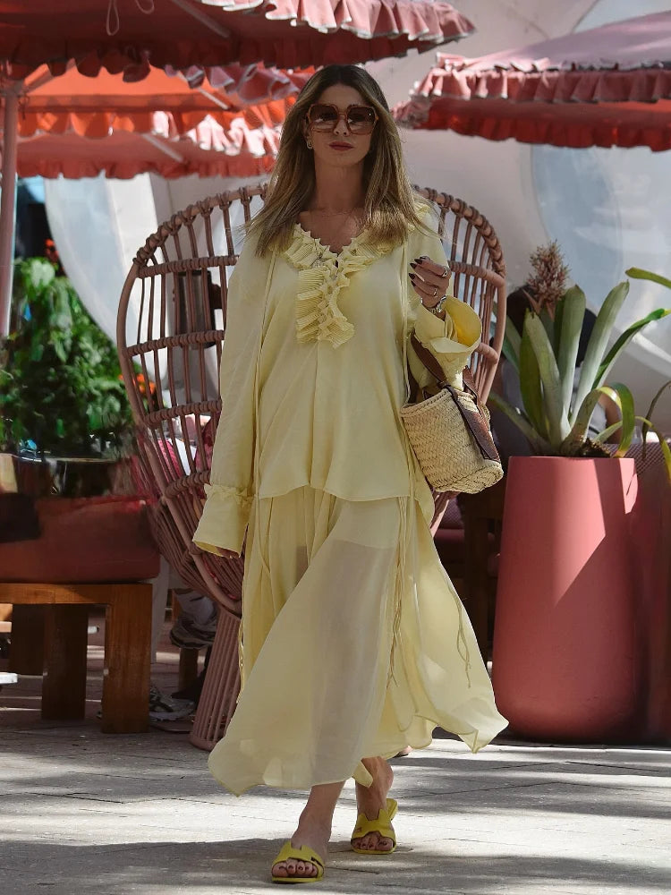 Žluté ležérní volánky Krajky pro ženy módní módní volný dlouhý rukáv v krku letní halenka dáma lehká prázdninová topy 2025